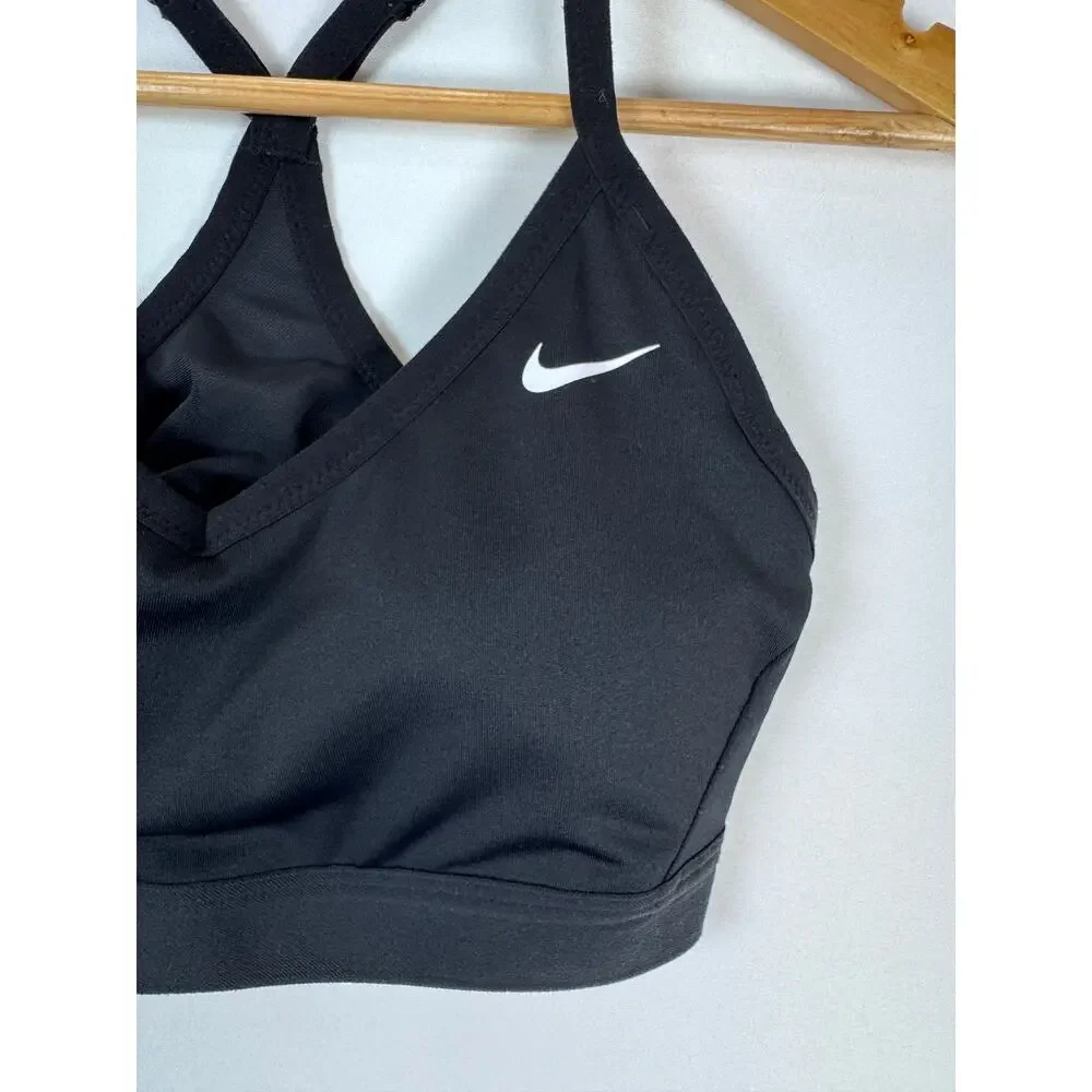 Nike Indy Dri Fit Sports Bra Women L Black Padded V Neck Strappy Yoga Workout